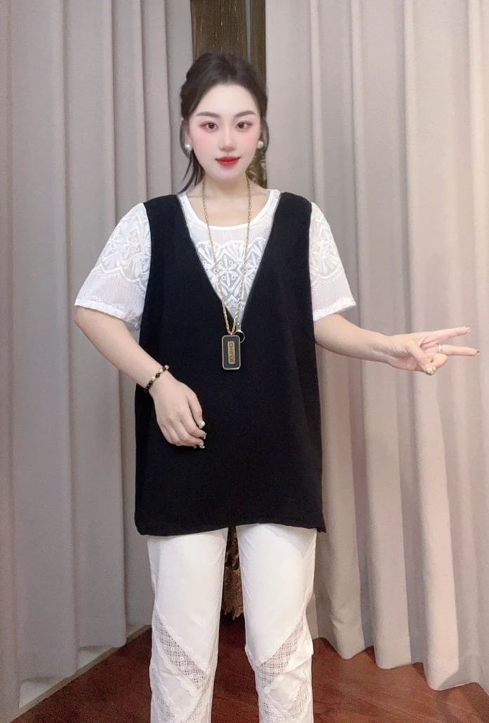 拼接个性蕾丝T恤洋气圆领常规短袖洋气轻职风时尚气质