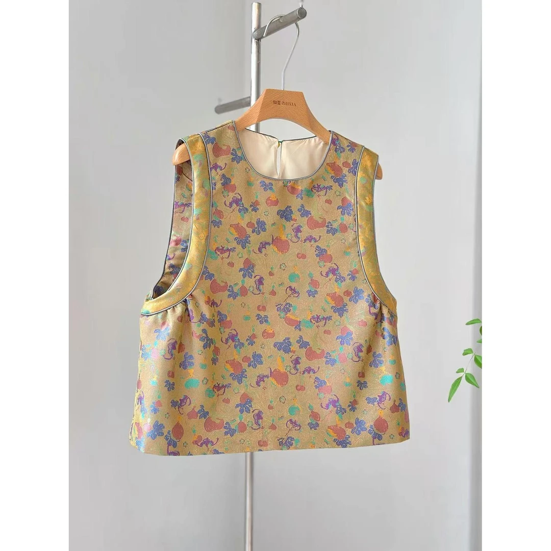 新中式国风蜀锦提花洋气设计感显瘦2025秋款马甲上衣女