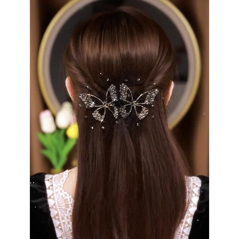 手工满钻双蝴蝶发夹女一字夹半扎头发后脑勺感发卡2025头饰