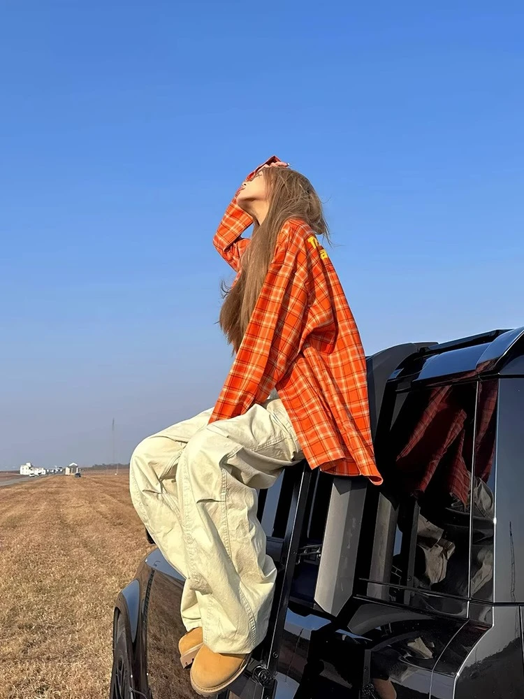 美式复古橙色格子长袖衬衫女宽松百搭休闲2025新款时尚衬衣外套潮