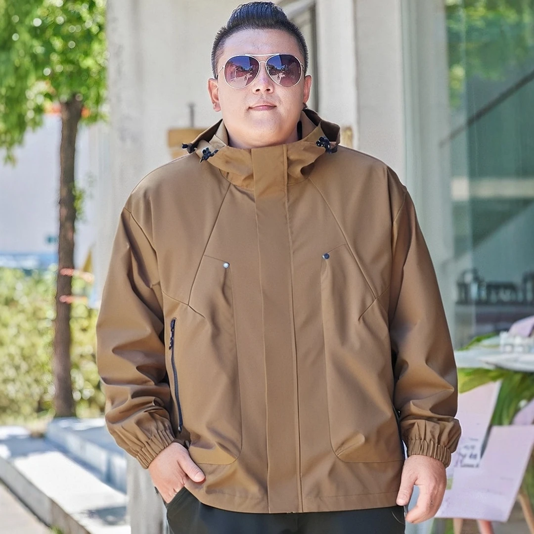 特大码夹克春秋季外套胖子肥佬宽松男士休闲风衣纯色连帽上衣男装