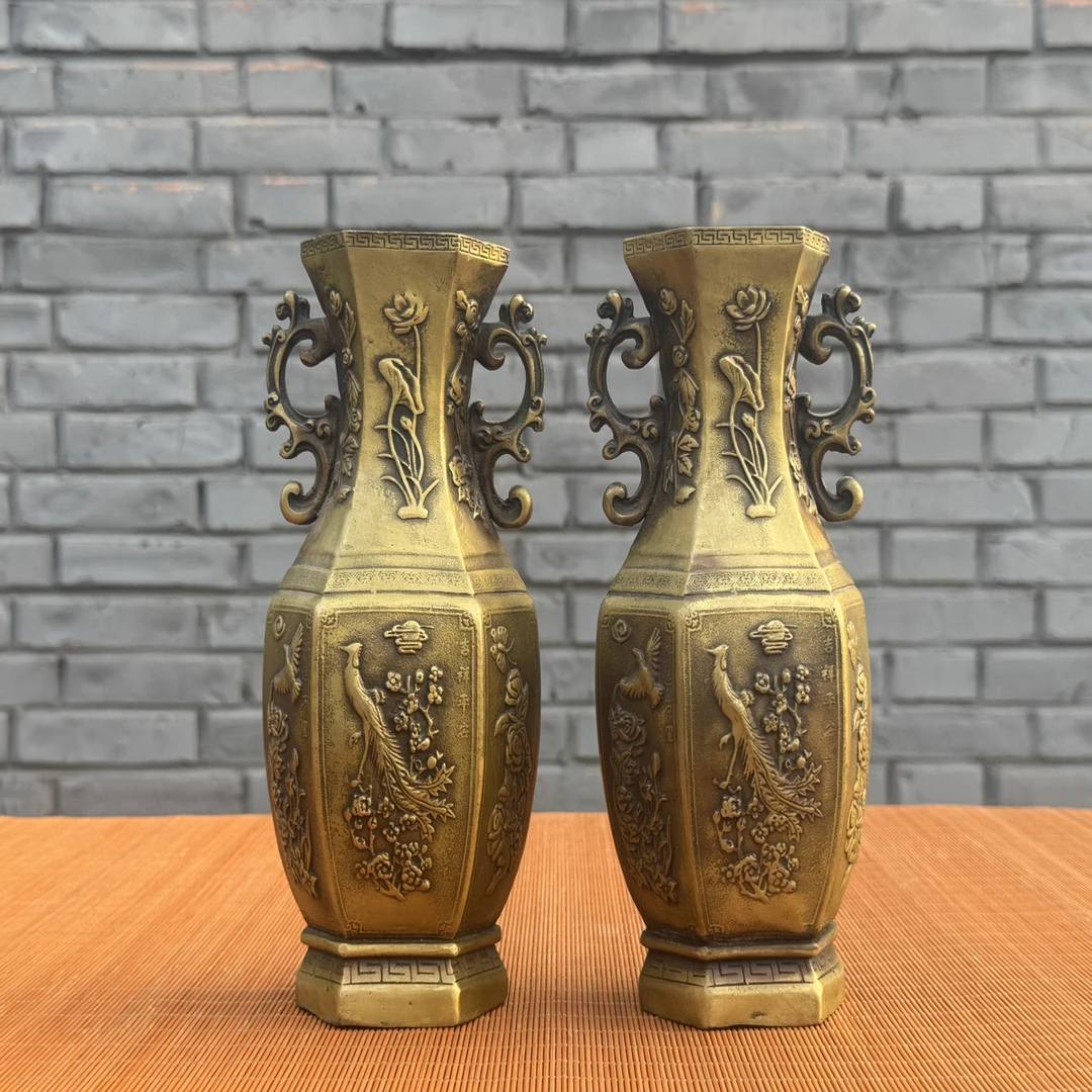 适配花瓶纯铜仿古做旧花瓶八角花瓶插花花瓶家居花瓶摆件仿古花瓶