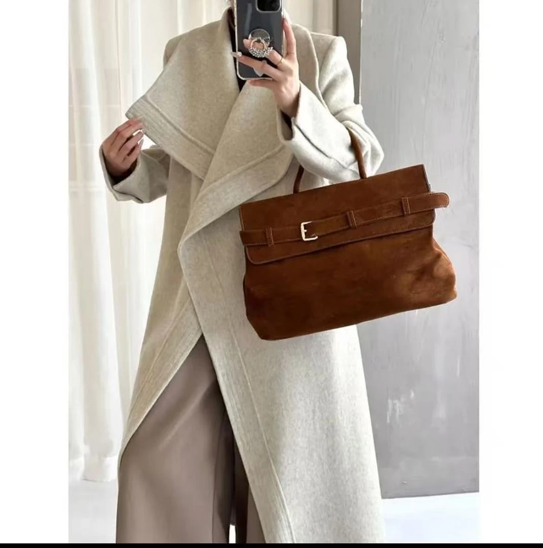 【波尔多德】25年秋冬新款正肩腰带款休闲长款双面羊毛大衣外套女