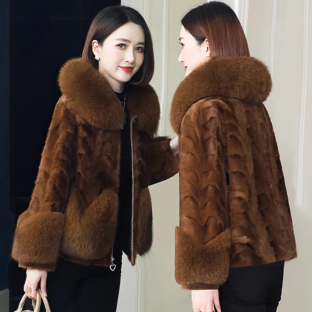 真毛水貂外套高端妈妈装皮草海宁正品拉链富贵冬季口袋中年大码新