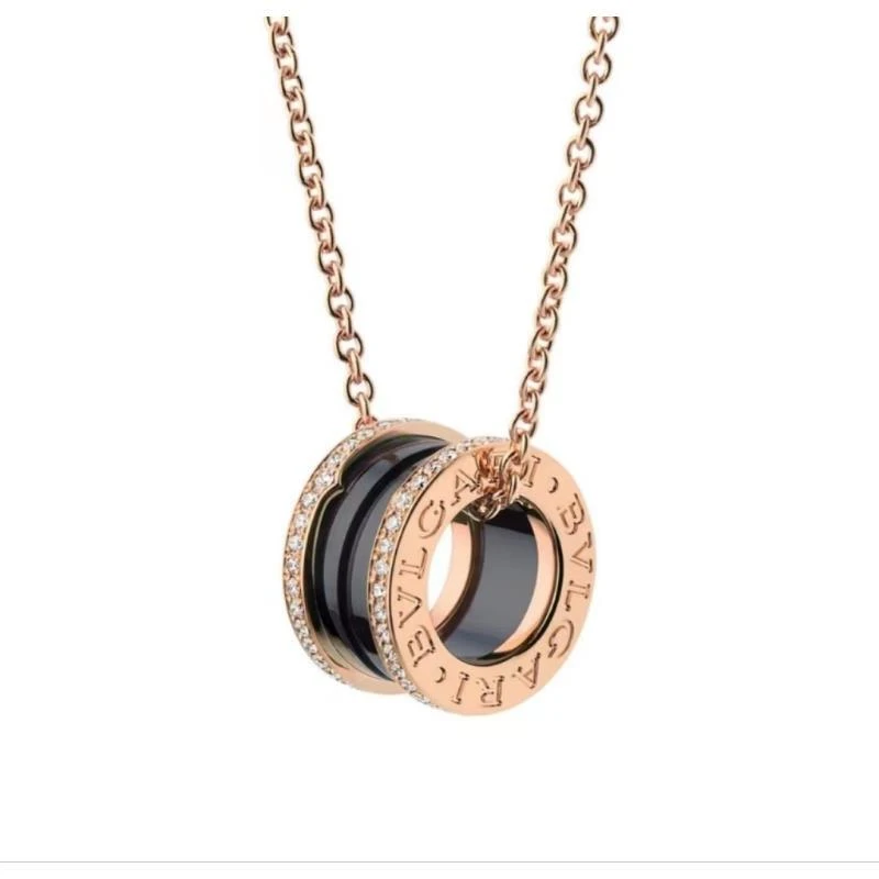99新 BVLGARI/宝格丽  18k玫瑰金双排钻黑陶瓷项链