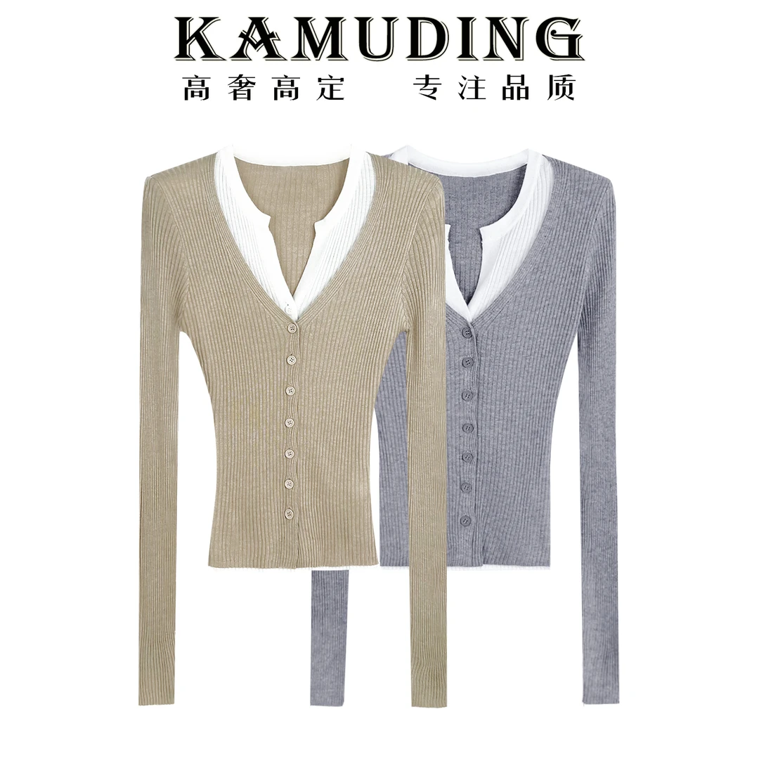 KAMUDING2025新款设计感拼接假两件V领针织开衫修身长袖8639