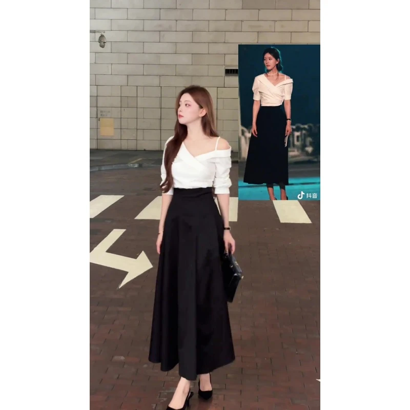 MARIE.COCO许研同款气质穿搭白色一字领衬衫女秋季新款高腰半身裙