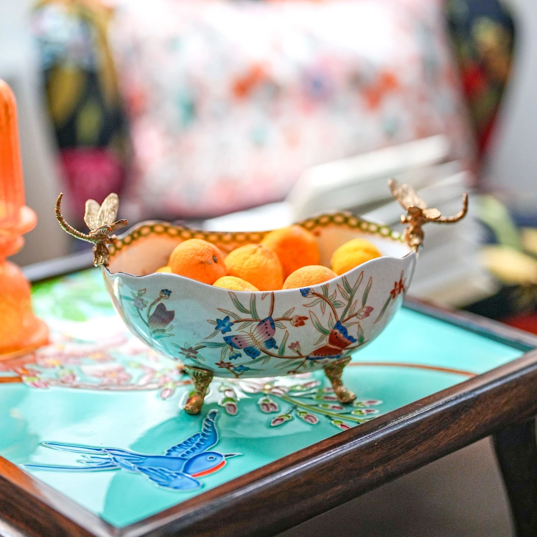 【奇居亭】高温瓷配铜花蝶纷飞双耳果盘客厅摆件#JW-1027H-H275