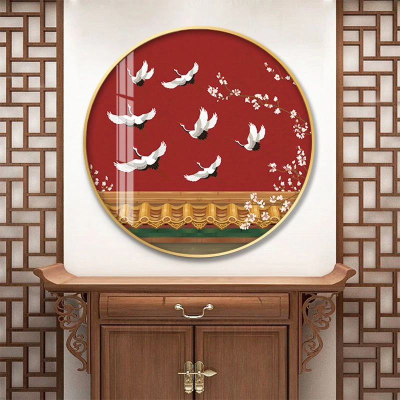 仙鹤圆形挂画禅意客厅书房茶室背景墙壁画走廊古风玄关餐厅装饰画