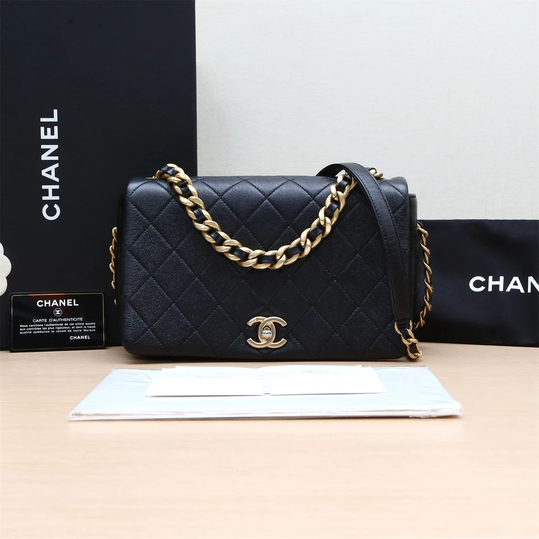 95新 Chanel/香奈儿 积分双双 20A 手柄口盖包 黑色 皮革S 30开