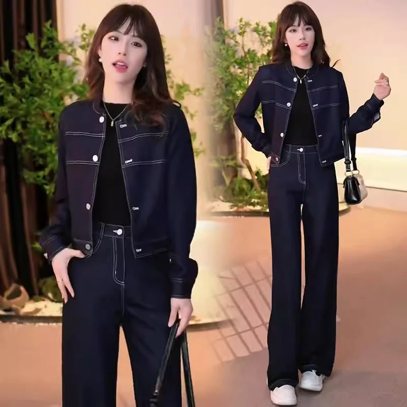 时尚牛仔套装女2025春秋新款洋气减龄气质显瘦短外套阔腿裤两件套
