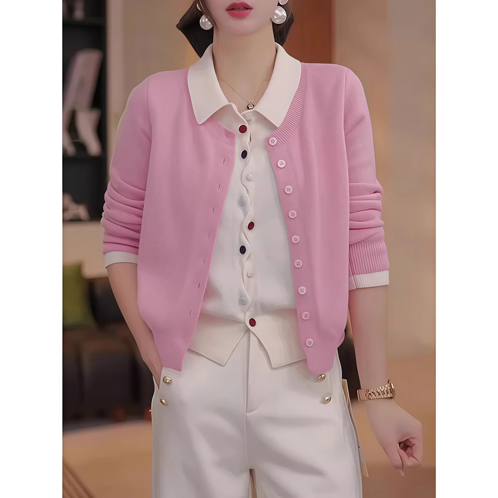 2025早春新款减龄撞色彩扣假两件毛衣女洋气时尚长袖针织衫上衣潮