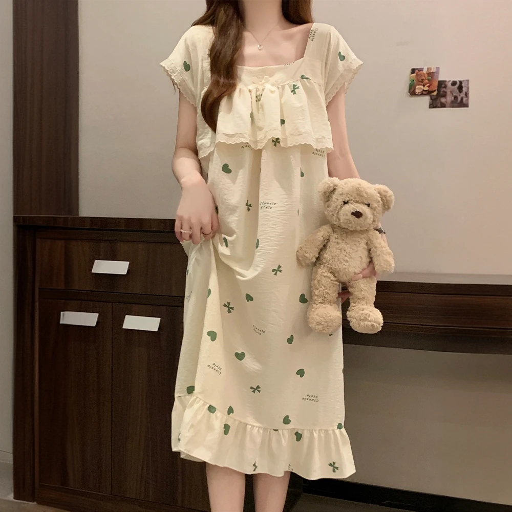 巴韦那奇少女夏天薄款睡裙女款短袖云朵棉爱心甜美女士睡衣睡裙