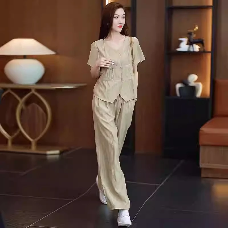 拉夏贝尔时尚套装女2025夏季宽松减龄休闲遮肉阔腿裤短袖两件套潮