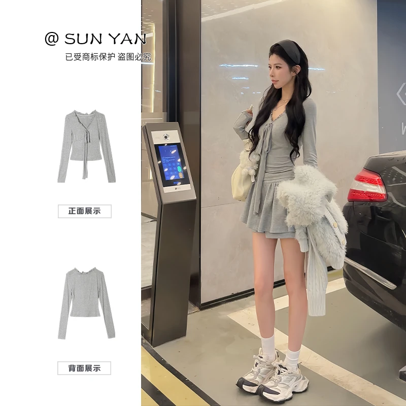 孙妍【超绝减龄】设计感休闲V领木耳边绑带针织T恤女冬季2025新款