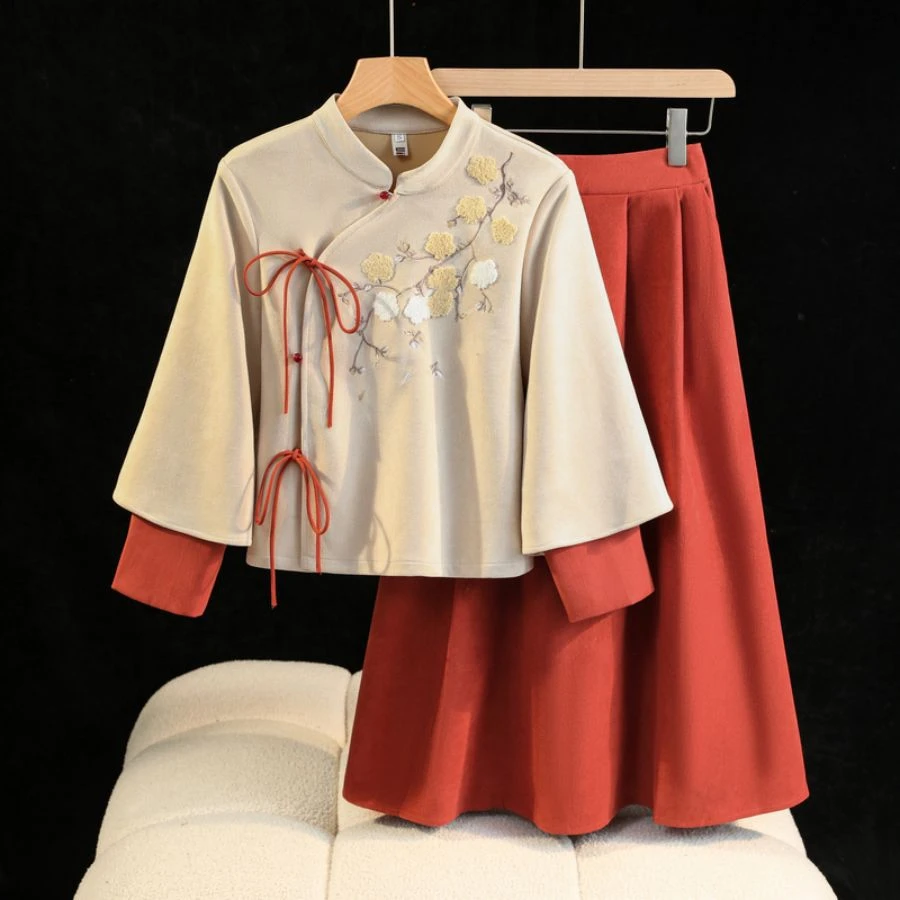 秋冬新中式复古绣花鹿皮绒唐装民国风改良汉服旗袍上衣茶服套装女