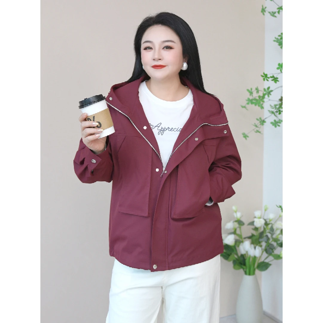 【TR斜纹防风】MsShe大码女春季防风连帽冲锋衣外套J~M2409135