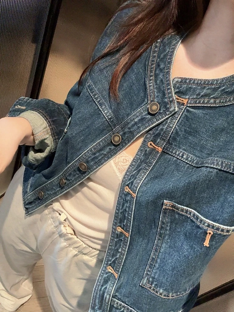 土耳其进口复古水洗蓝牛外套 无领立体裁剪显瘦气质休闲I6909