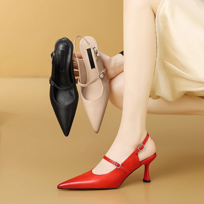 7cm真皮尖头一字带后空高跟鞋细跟百搭2025新款法式包头凉鞋红色