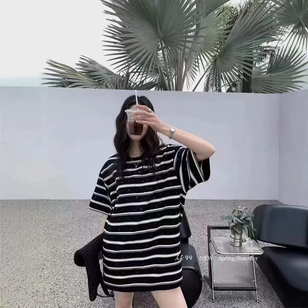 【库】廓形烫钻条纹T恤