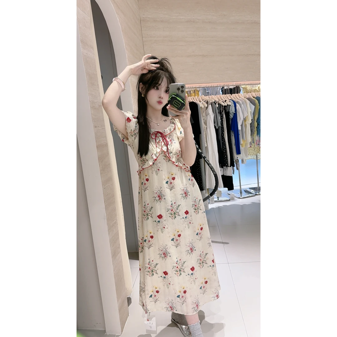 1109复古红碎花茶歇裙