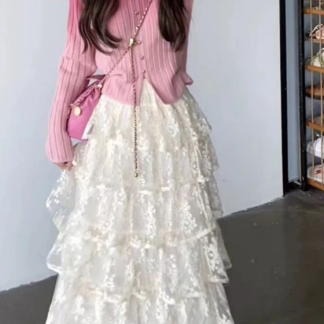 仙气感温柔蕾丝半身裙春秋新款a字高腰蓬蓬蛋糕裙松紧腰长款裙子