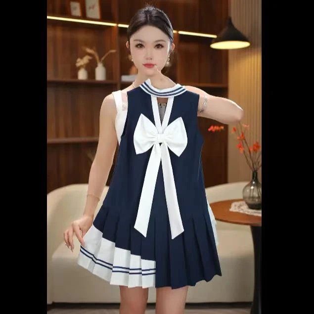 女童夏季学院风卡通动漫少女风纯色连衣裙女童学生韩版夏季蝴蝶