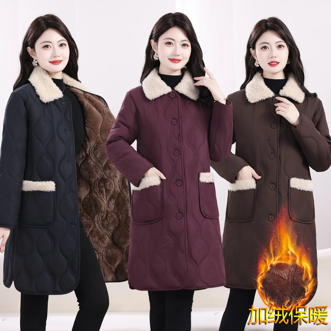 秋冬妈妈装棉衣外套时尚翻领加绒保暖棉服中老年冬季加厚长款棉衣
