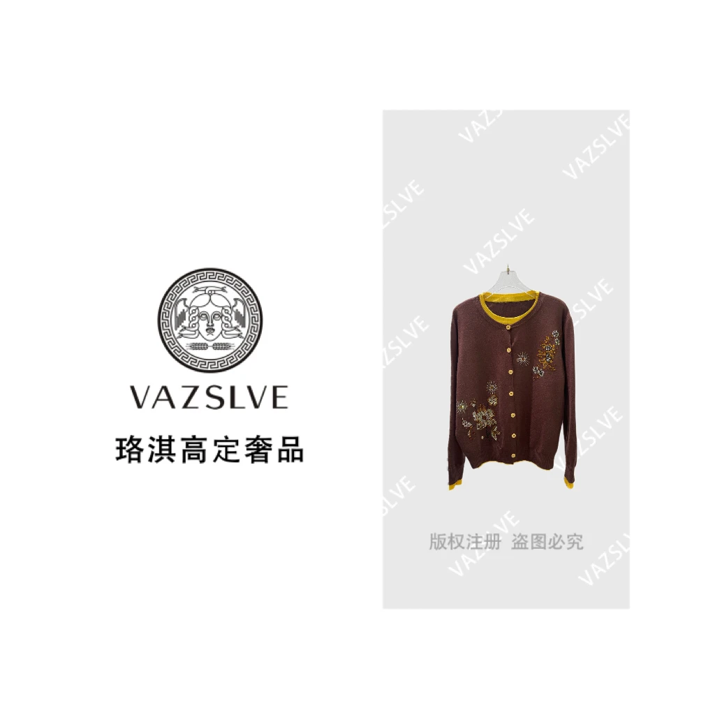 VAZSLVE/珞淇高定拼色烫钻花朵重工毛衣M25051M