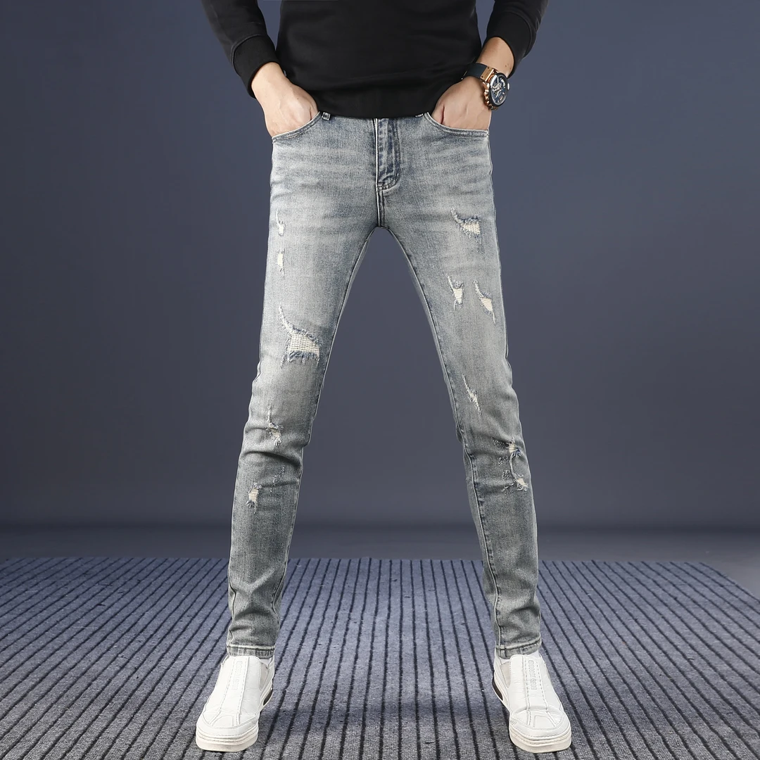 范莉泰破洞男士牛仔裤男款秋冬季爆款2025新款修身小脚休闲裤子男
