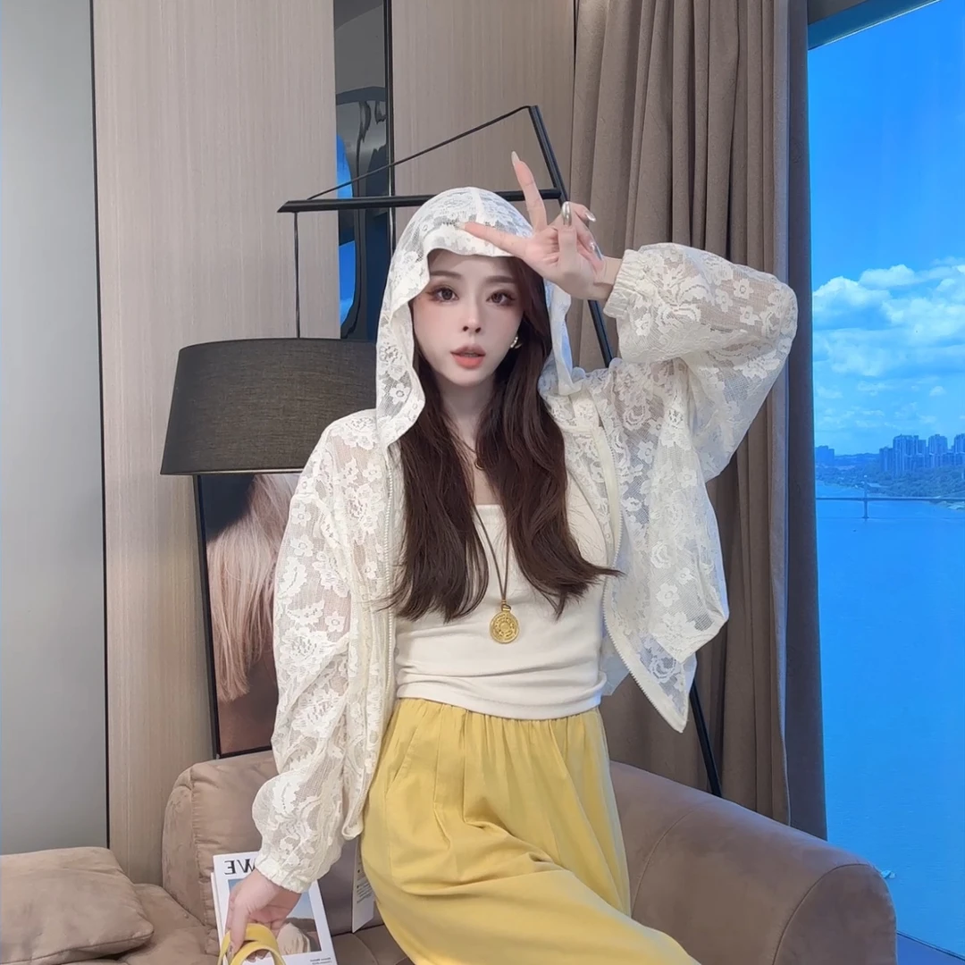 【晓溪服饰】夏季新款防晒长袖蕾丝女薄款连帽短外套罩衫女6316