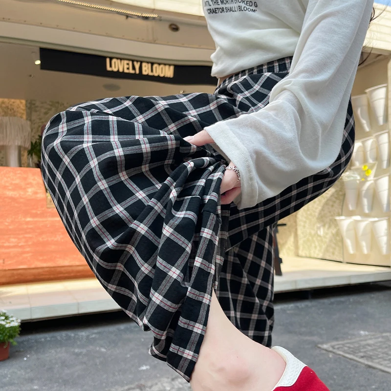 2025夏季格子宽松阔腿裤露思同款甜辣松紧腰休闲裤显瘦直筒格子裤