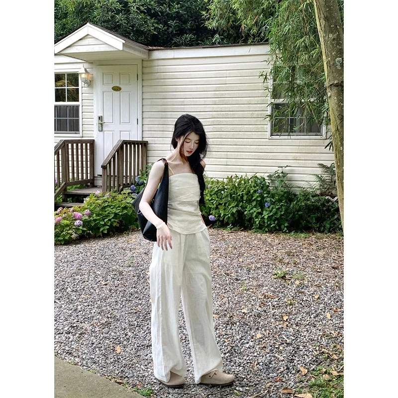 设计款修身显瘦露肩上衣2025夏季时尚休闲简约百搭宽松阔腿长裤女