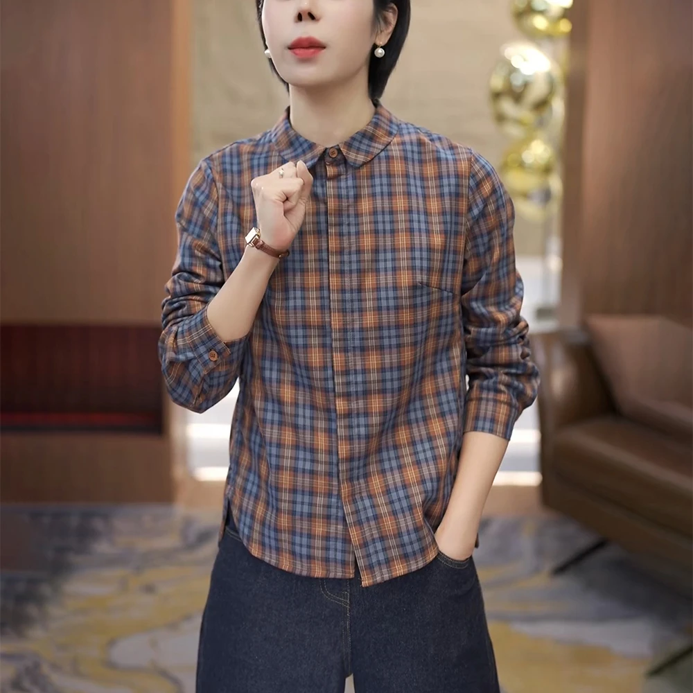 秋季新款女复古格子衬衫长袖轻奢高级感宽松显瘦洋气减龄内搭上衣