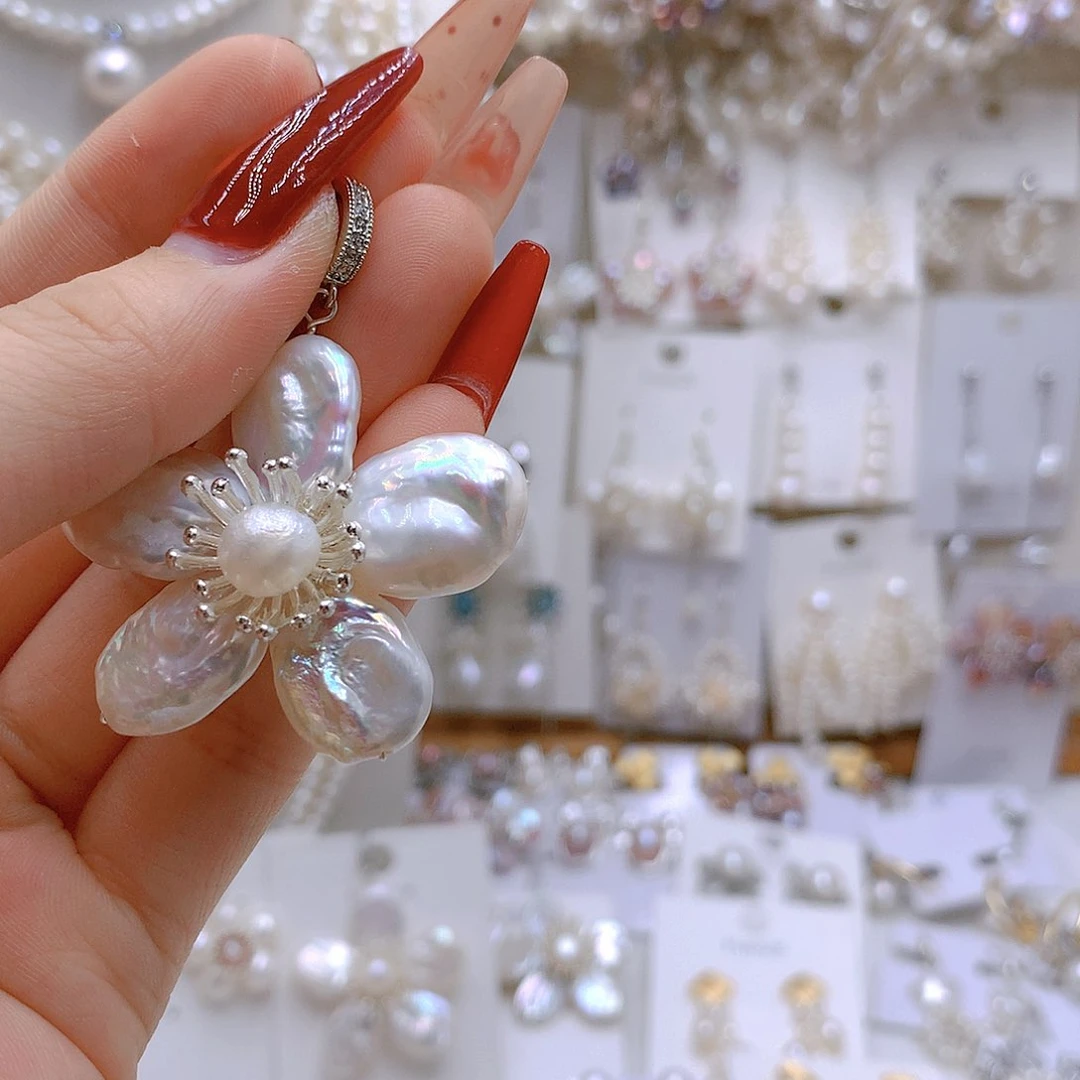 银S925镶嵌耳饰淡水珍珠夏*