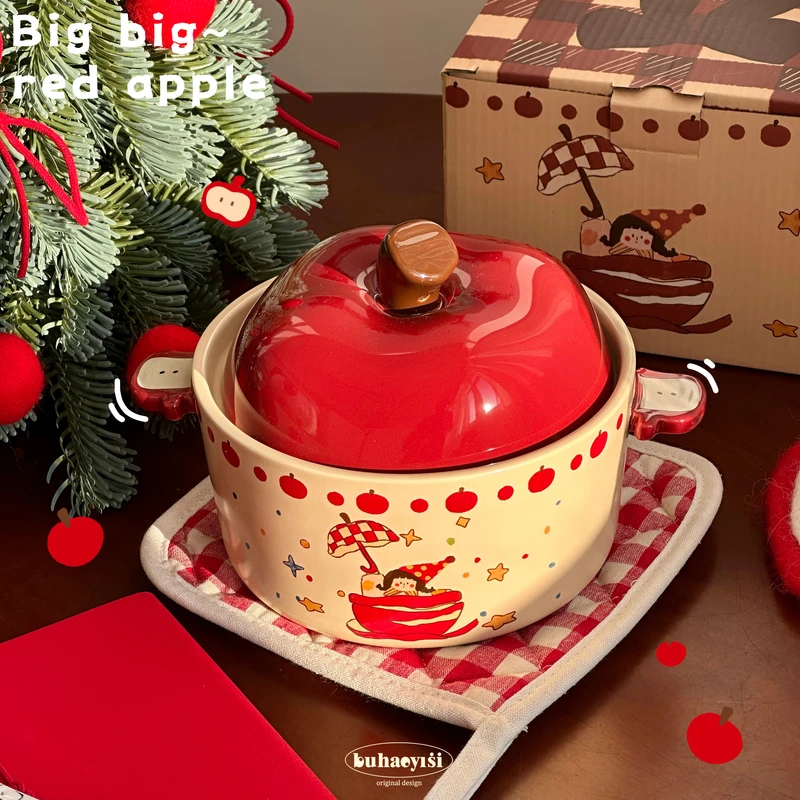 红苹果女孩陶瓷泡面碗大容量可爱双耳带盖宿舍学生方便面早餐碗女