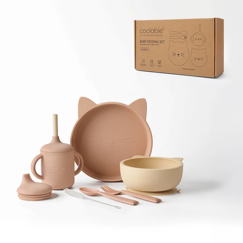 可酷宝贝婴儿辅食碗餐盘套装吃米粉喝米糊杯硅胶防摔周岁礼物礼盒
