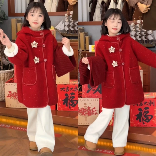 冬季女大童女童大衣红色本命年拜年服中长款宝宝年服毛呢外套