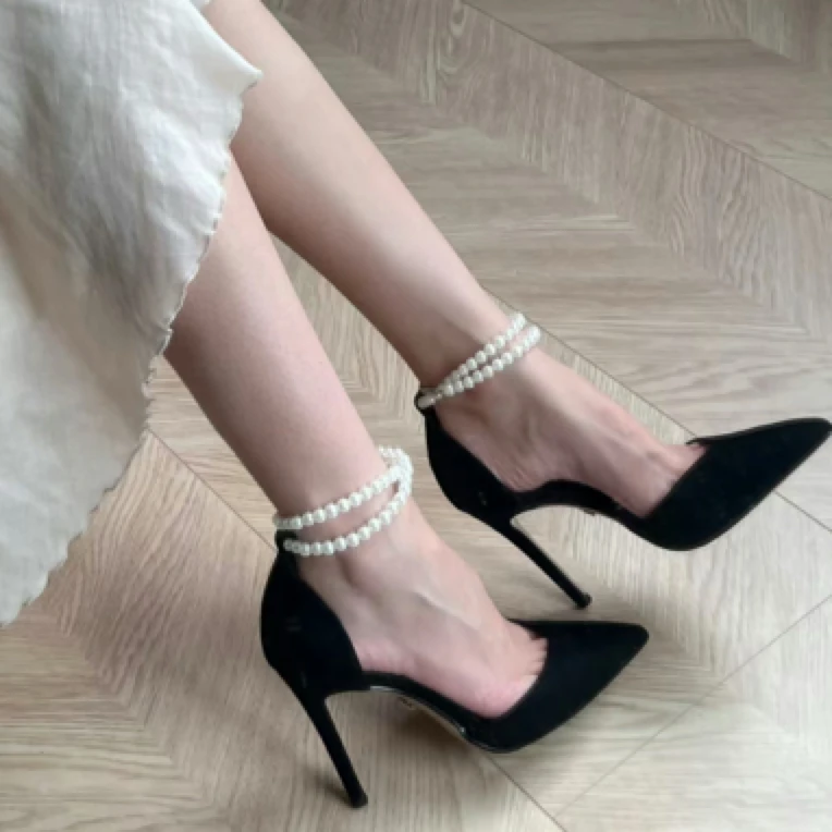 黑色珍珠细跟高跟鞋法式绑带性感小众凉鞋成年礼
