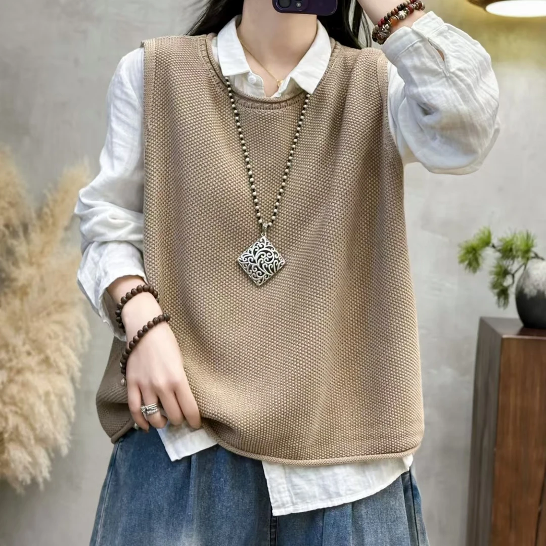 2025春季新款圆领套头棉线针织马甲女休闲百搭叠穿外搭上衣5188