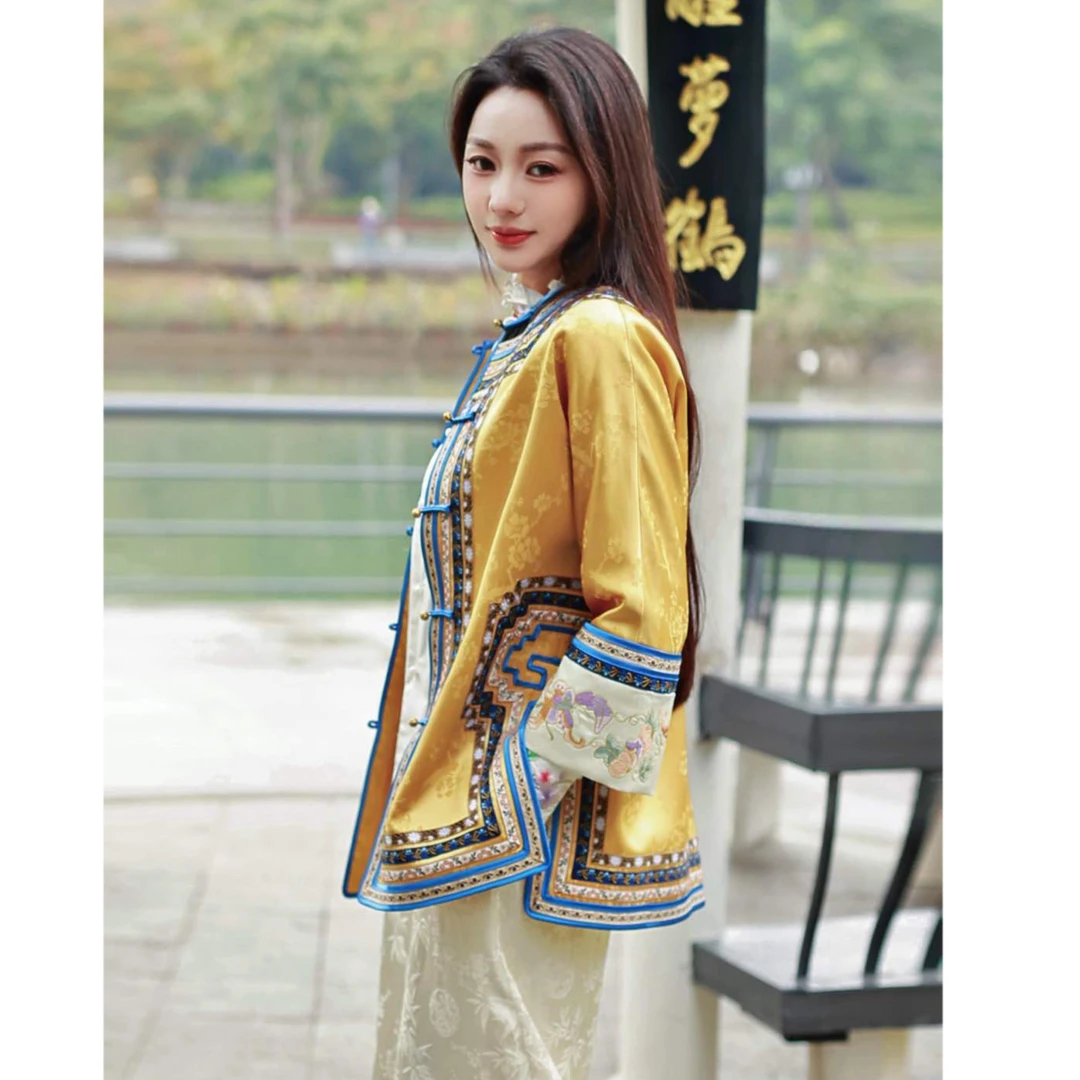 重磅醋酸提花手工如意多色织带拼色如意蝶恋花刺绣清宫春秋外套