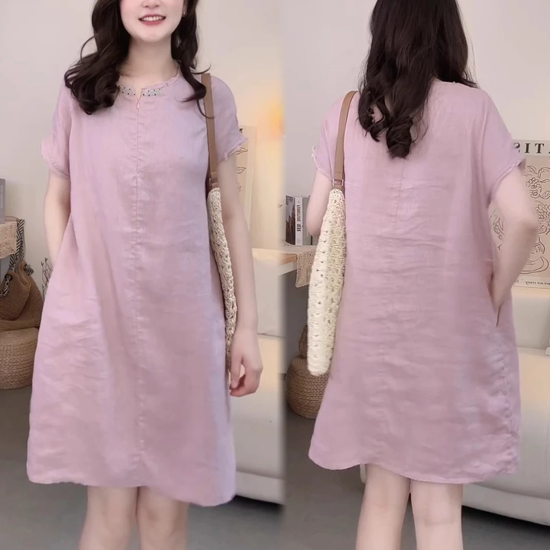 优雅显瘦时尚休闲夏季新款中长款裙子减龄宽松圆领纯色通勤连衣裙