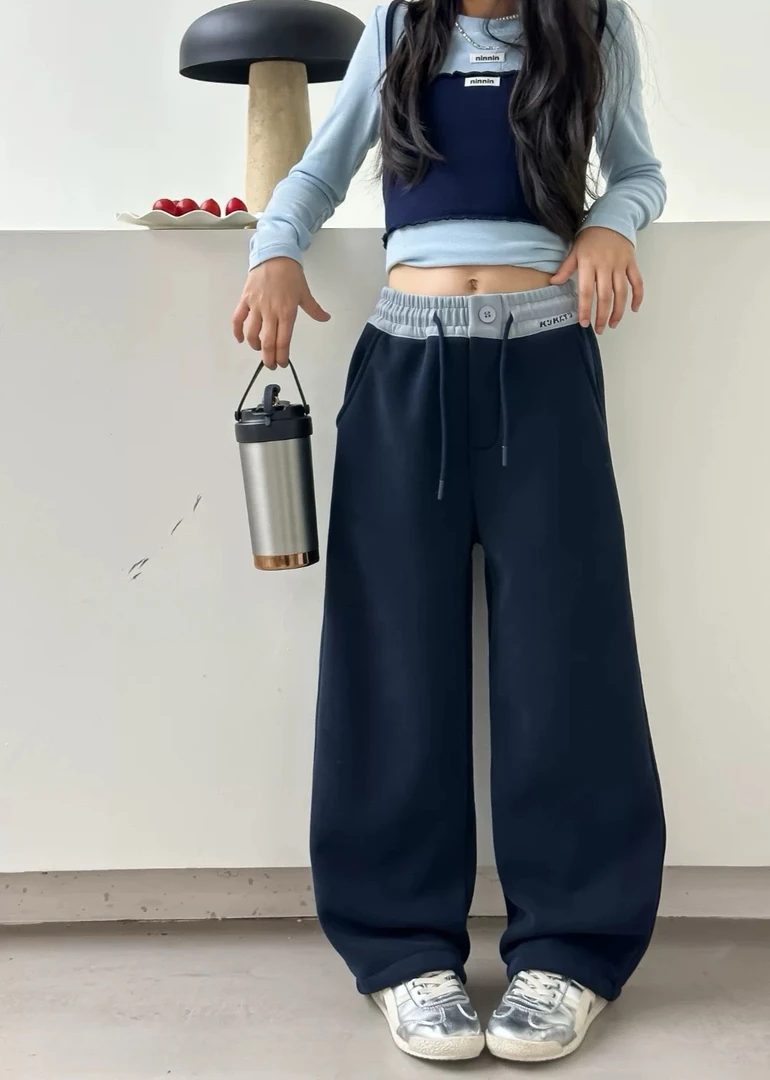 KIKIAND中大童秋冬厚款运动休闲阔腿垂感显瘦韩版加绒裤---W88035