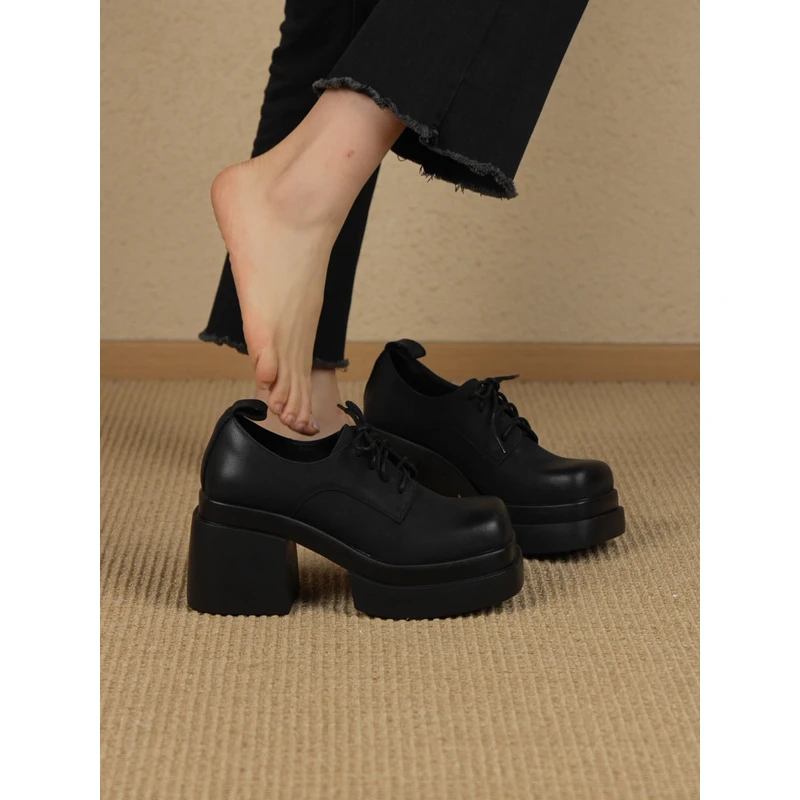 nnmiss·34-39/9cm超高跟简约百搭方头系带小皮鞋通勤深口粗跟单鞋