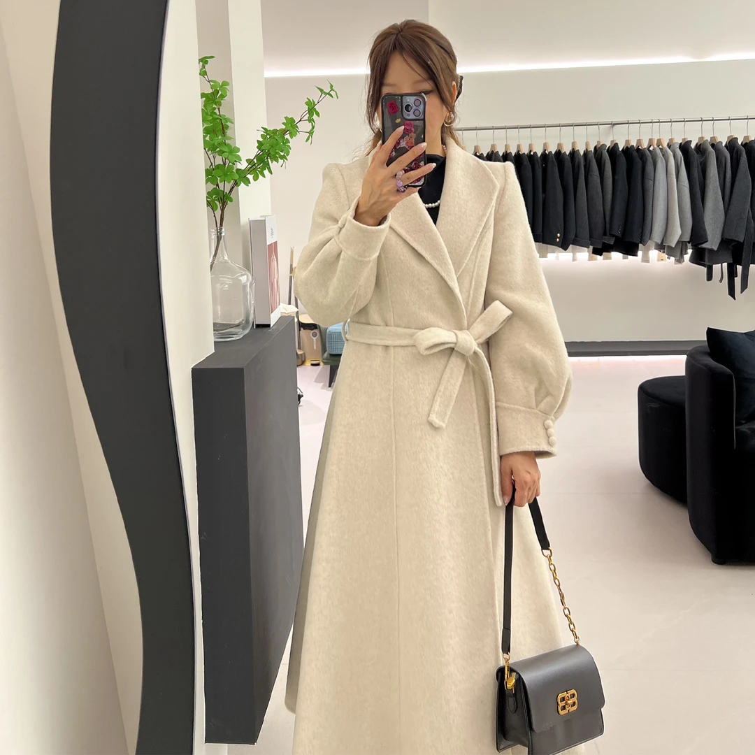慵懒风双面羊毛大衣宽松赫本风浴袍款收腰显瘦翻领小个子毛呢外套