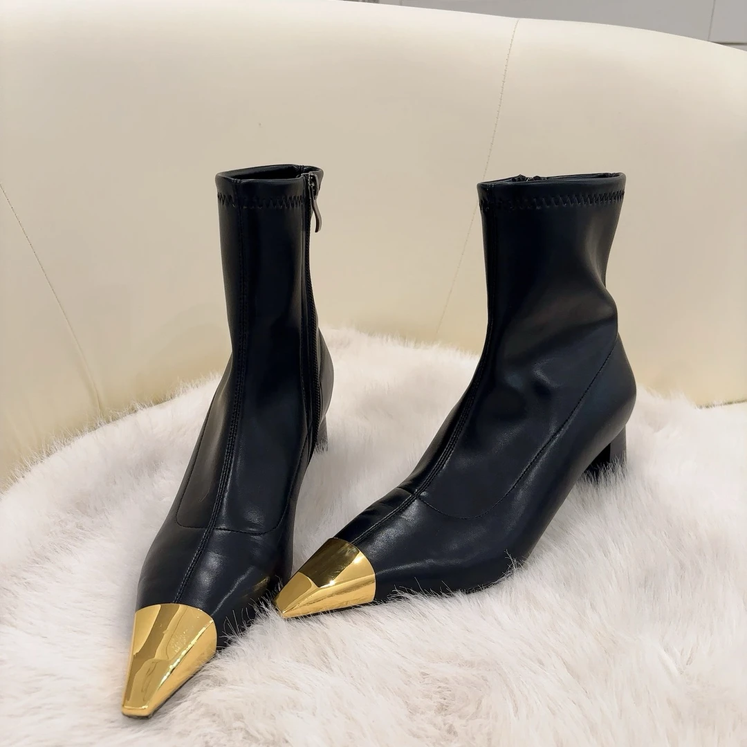 【桃气妮妮】低跟款现货~2025新款金属小方头短靴百搭时髦侧拉链靴