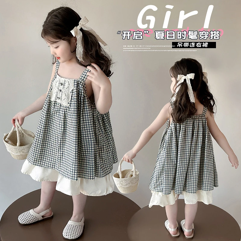 格子衬裙女吊带裙/背心裙连衣裙网红无袖夏日小女孩