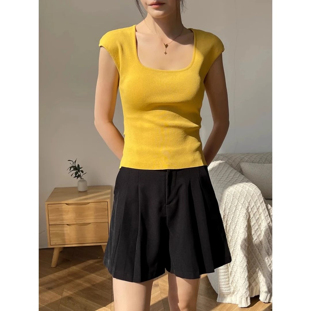 黄色方领冰丝针织短袖女t恤2025新款夏季百搭打底衫短款上衣镂空