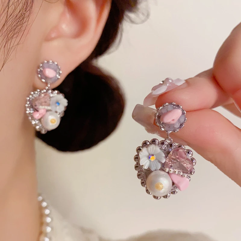 黄铜锆石耳饰 法式6轻奢复古小众花朵珍珠爱心耳坠个性温柔百搭