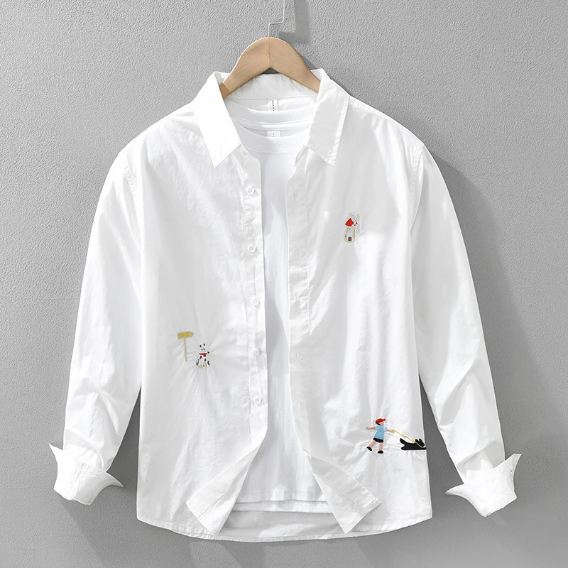 7586男士日系清新长袖衬衫新款时尚刺绣文艺休闲宽松外穿上衣新款